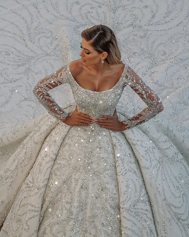 Gorgeous Modest Long Ball Gown Wedding Dress with Off-the-Shoulder Backless Crystal Embellished with Sequins-Wedding Dresses-BallBride