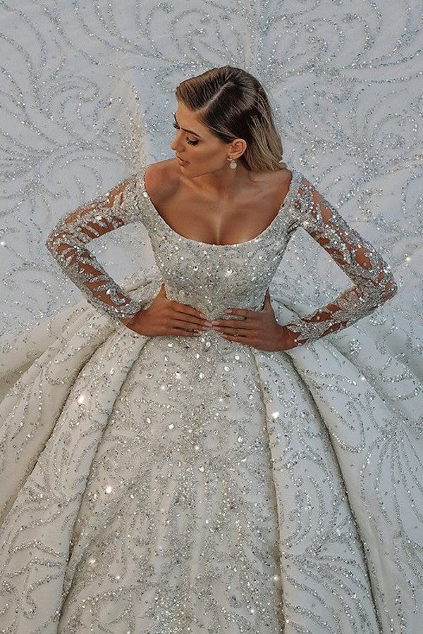 Gorgeous Modest Long Ball Gown Wedding Dress with Off-the-Shoulder Backless Crystal Embellished with Sequins-Wedding Dresses-BallBride