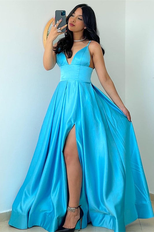 Gorgeous Ocean Blue Prom Dress with Spaghetti-Straps and Slit-Occasion Dress-BallBride