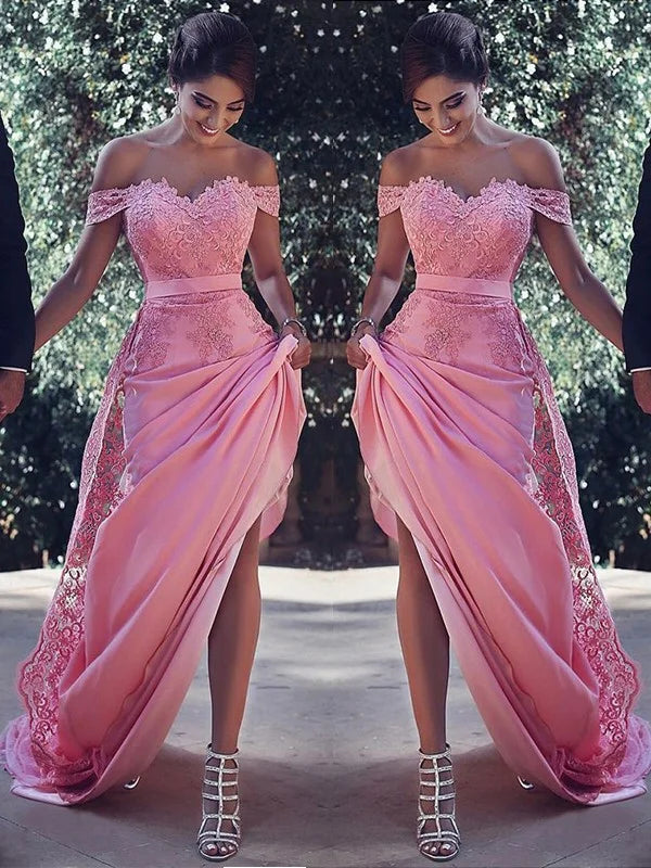 Gorgeous Off-the-Shoulder Candy Pink Evening Dress With Lace-Occasion Dress-BallBride