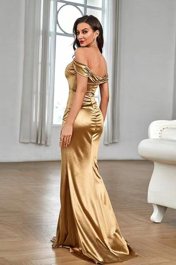 Gorgeous Off-The-Shoulder Split Mermaid Prom Dress With Pleats-BallBride