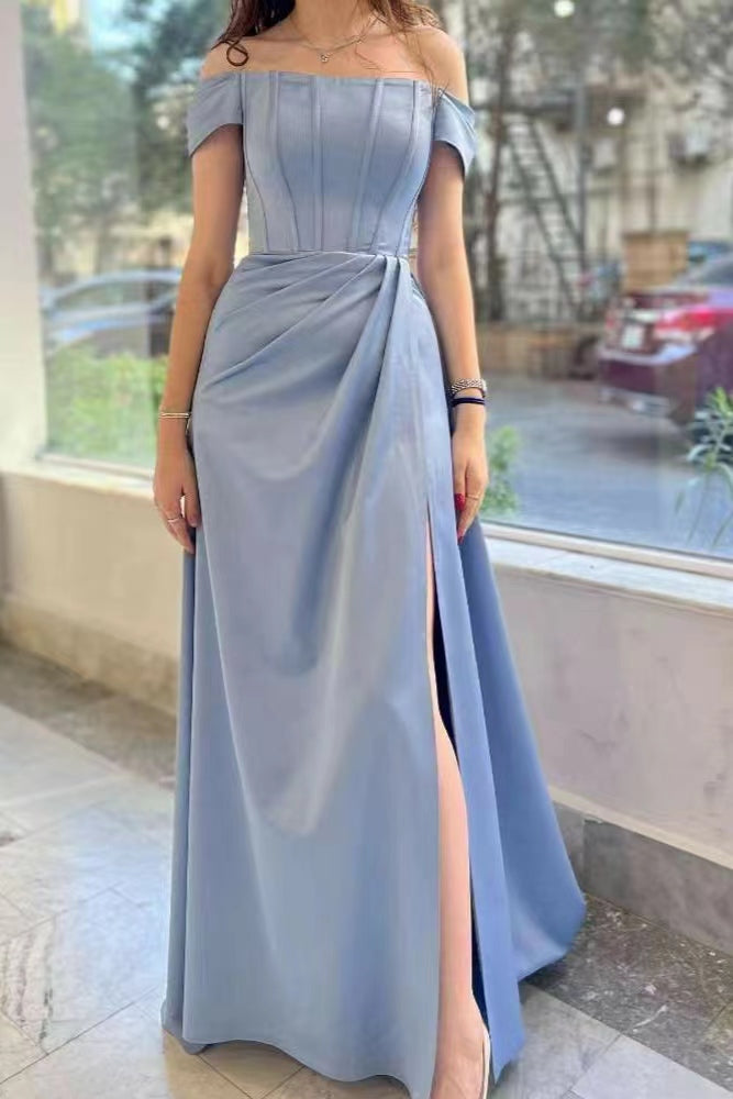 Gorgeous Off-The-Shoulder Split Prom Dress in Dusty Blue with Pleats-BallBride