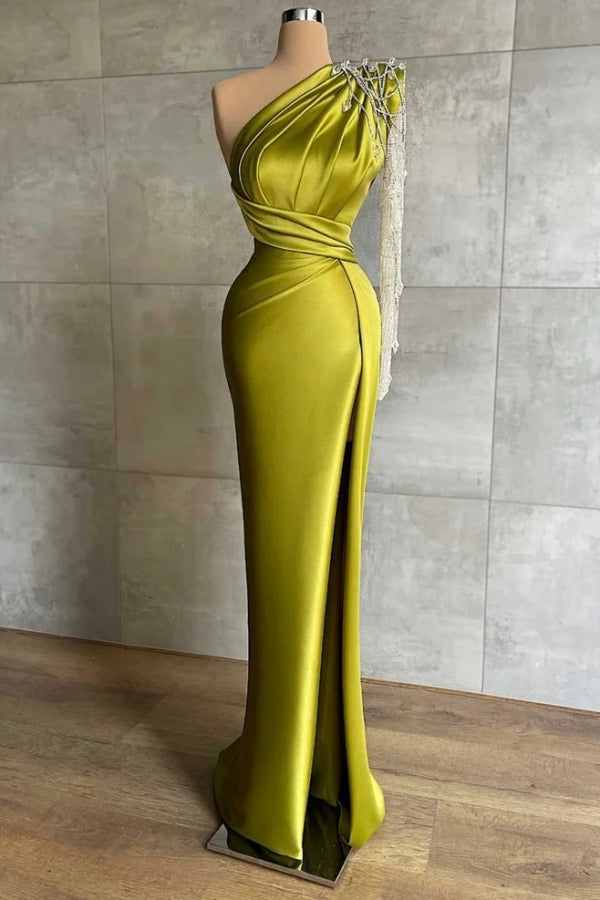 Gorgeous Olive Green One Shoulder Evening Dress Mermaid Long-Occasion Dress-BallBride