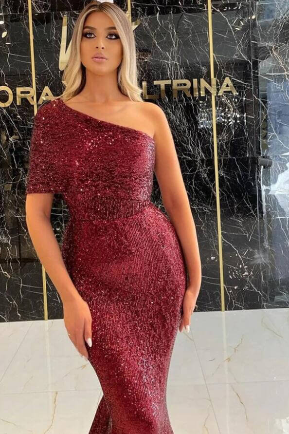 Gorgeous One Shoulder Burgundy Sequins Prom Dress Mermaid Long Online-Occasion Dress-BallBride