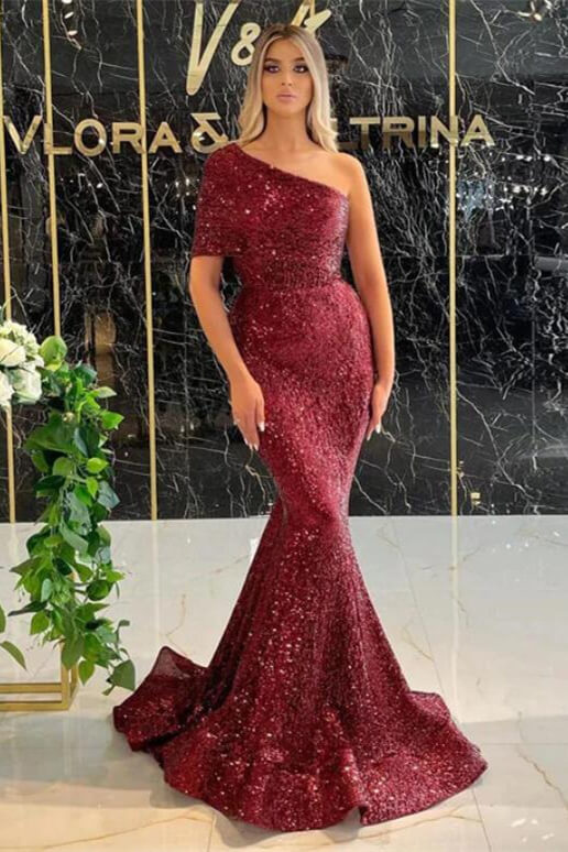 Gorgeous One Shoulder Burgundy Sequins Prom Dress Mermaid Long Online-Occasion Dress-BallBride