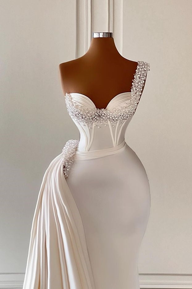 Gorgeous One Shoulder Ivory Wedding Gowns with Sweetheart Ruffle and Pearls-Wedding Dresses-BallBride