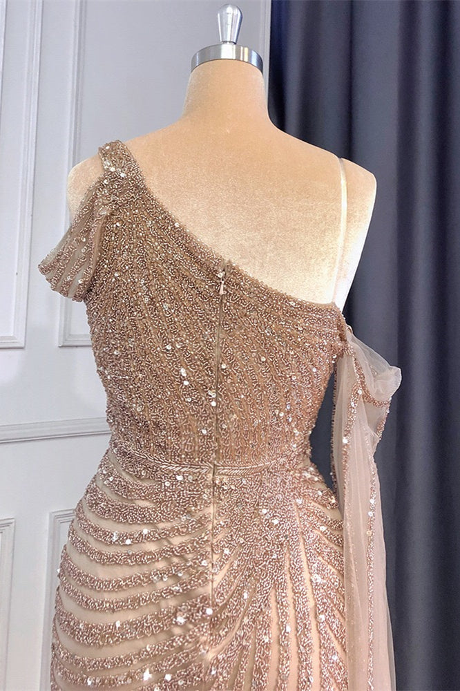 Gorgeous One Shoulder Mermaid Prom Dress with Sequins Beadings and Ruffle Split-Occasion Dress-BallBride