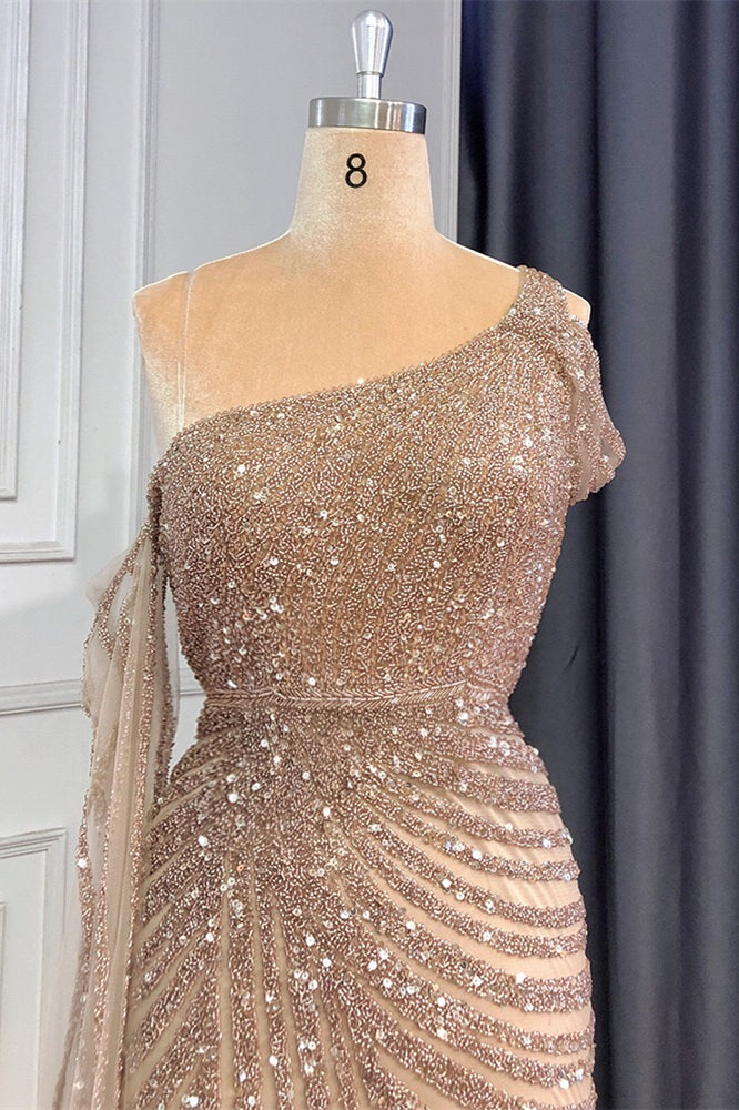 Gorgeous One Shoulder Mermaid Prom Dress with Sequins Beadings and Ruffle Split-Occasion Dress-BallBride