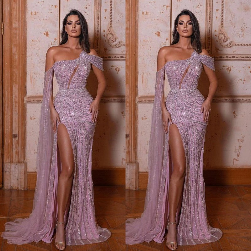 Gorgeous One Shoulder Prom Dress with Sequins and Long Split-Occasion Dress-BallBride