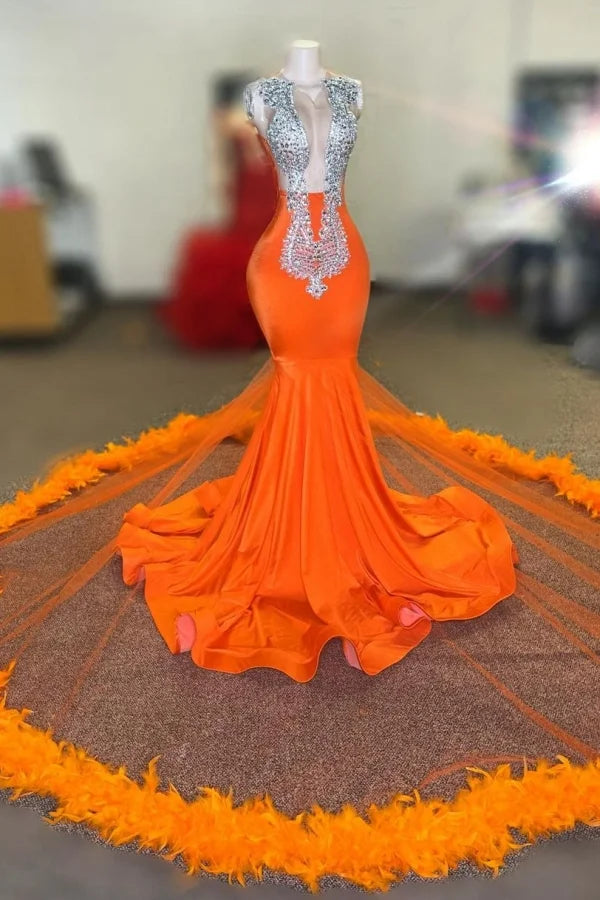 Gorgeous Orange Mermaid Evening Dress Sleeveless With Feather Crystal-BallBride