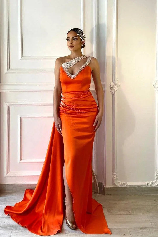 Gorgeous Orange One Shoulder Evening Dress Mermaid Sleeveless Slit Long With Pearls-BallBride