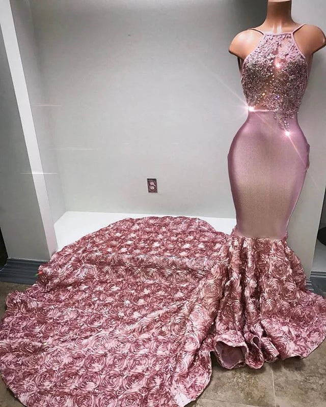Gorgeous Pink Halter Mermaid Prom Dress Flower Bottom Evening Gown With Appliques-BallBride