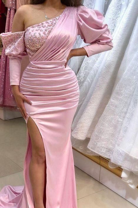 Gorgeous Pink Long Sleeves Prom Dress With Beads Split-Occasion Dress-BallBride