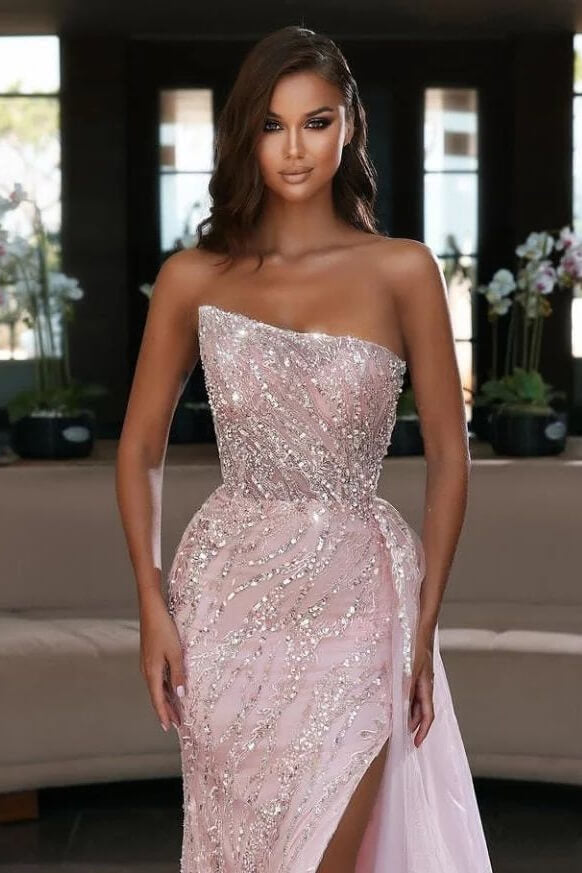 Gorgeous Pink Strapless Mermaid Prom Dress with Slit and Beads-Occasion Dress-BallBride