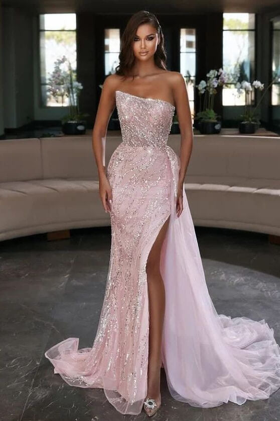 Gorgeous Pink Strapless Mermaid Prom Dress with Slit and Beads-Occasion Dress-BallBride