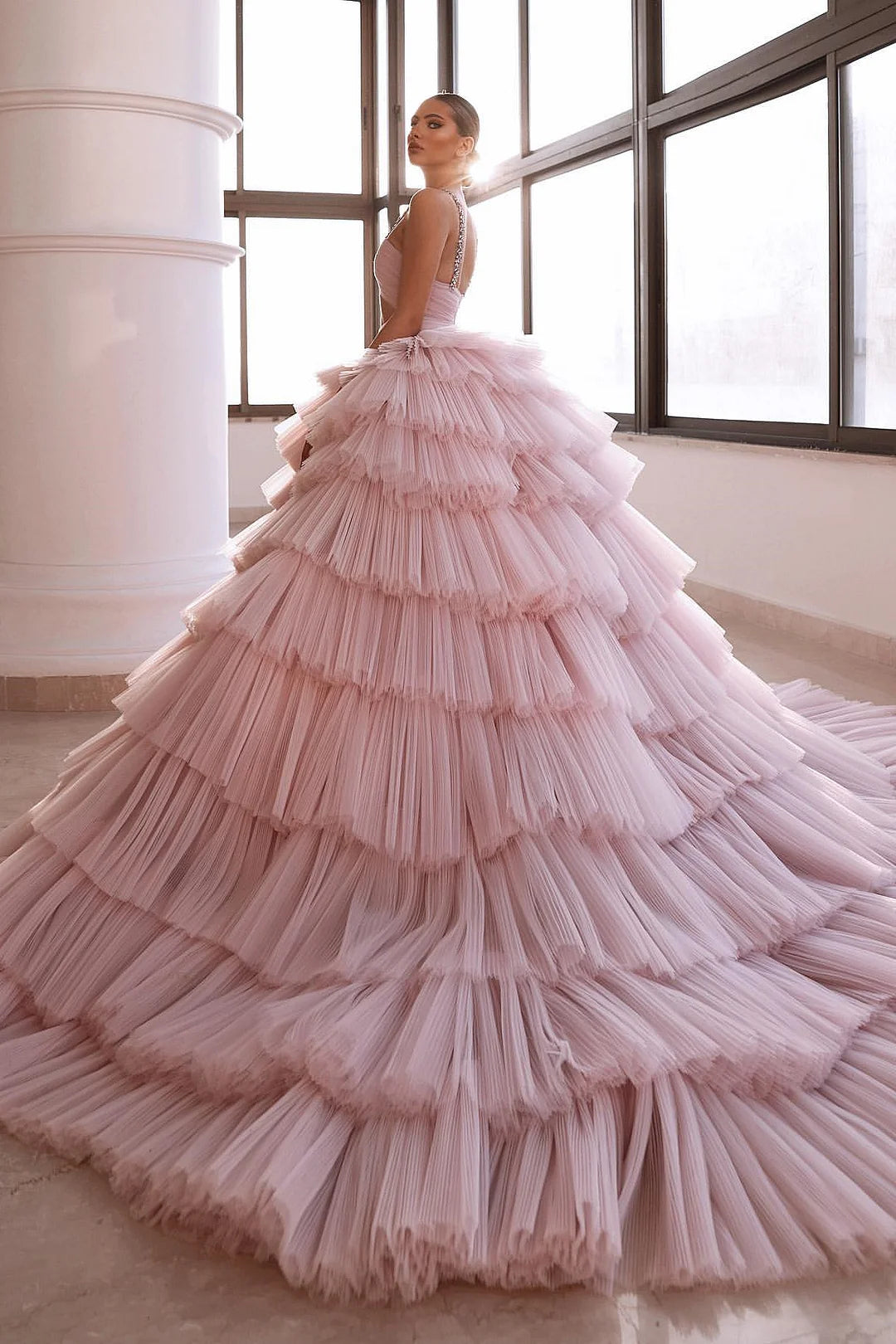 Gorgeous Pink V-Neck Sleeveless Evening Dress Tulle Layered With Crystals-BallBride