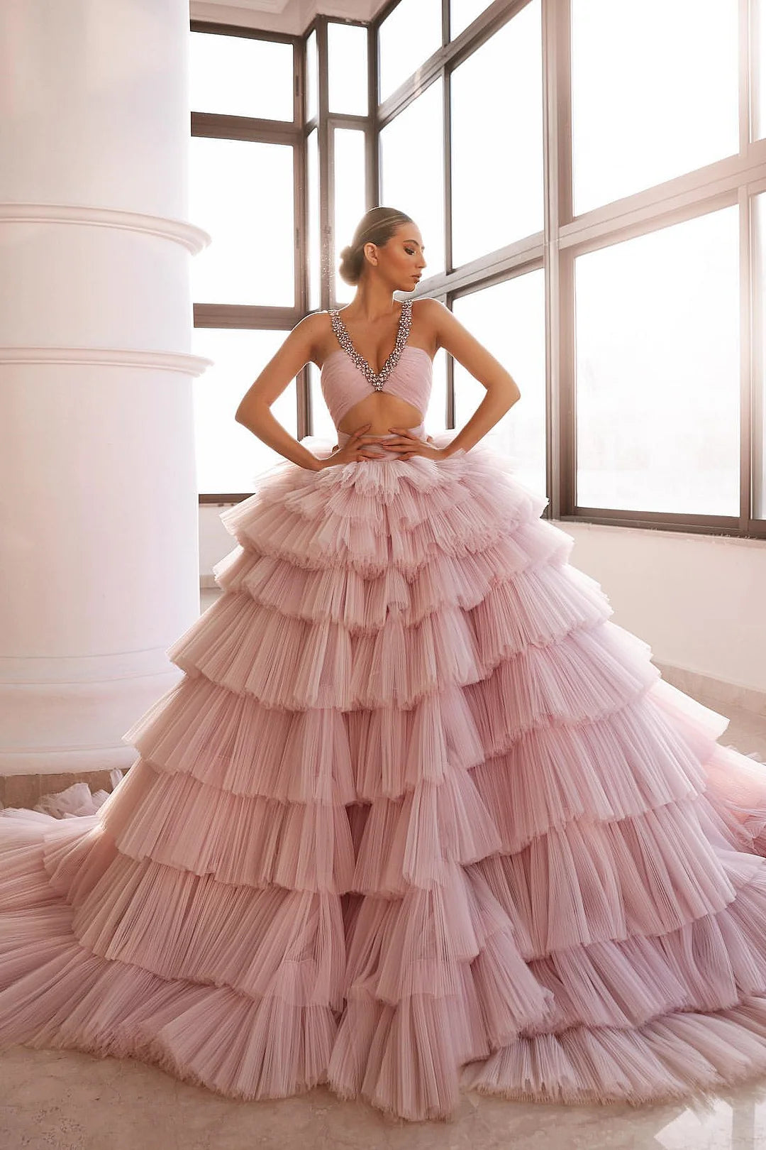 Gorgeous Pink V-Neck Sleeveless Evening Dress Tulle Layered With Crystals-BallBride