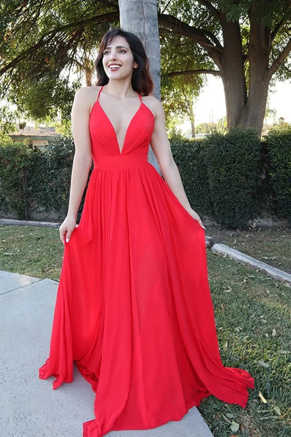 Gorgeous Red Halter V-Neck Evening Dress Long Sleeveless-BallBride