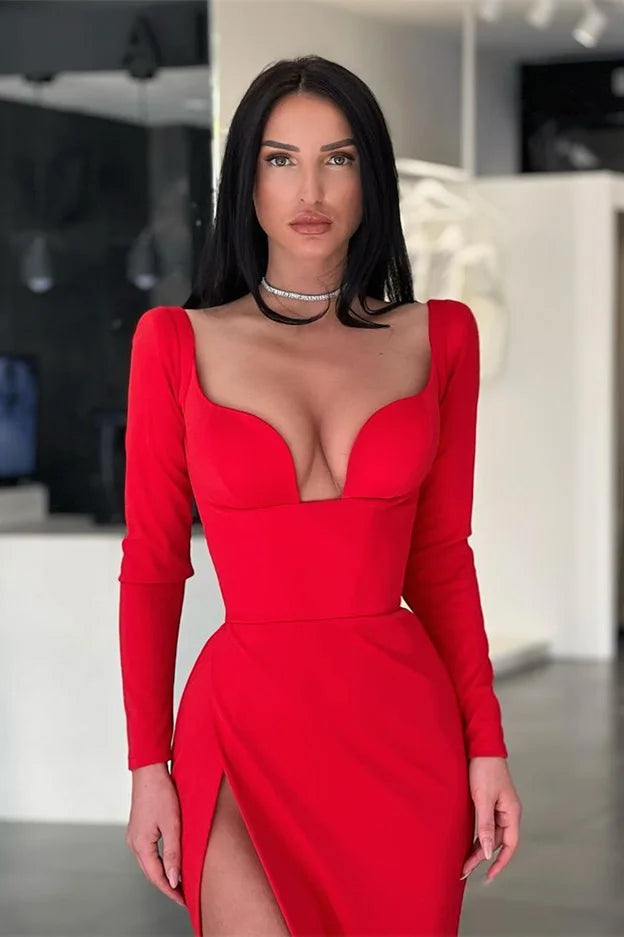 Gorgeous Red Long Sleeves Evening Dress Mermaid V-Neck With Slit-BallBride