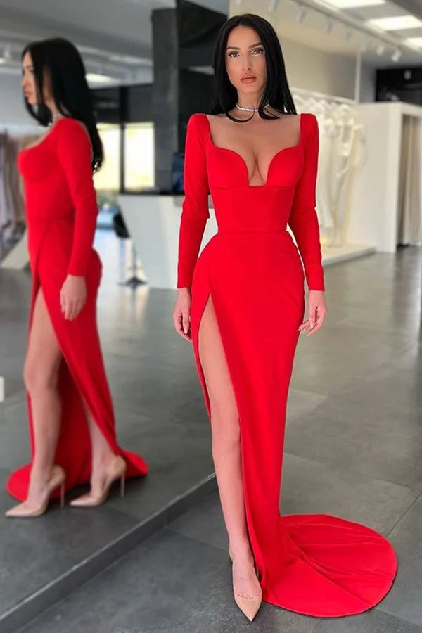 Gorgeous Red Long Sleeves Evening Dress Mermaid V-Neck With Slit-BallBride