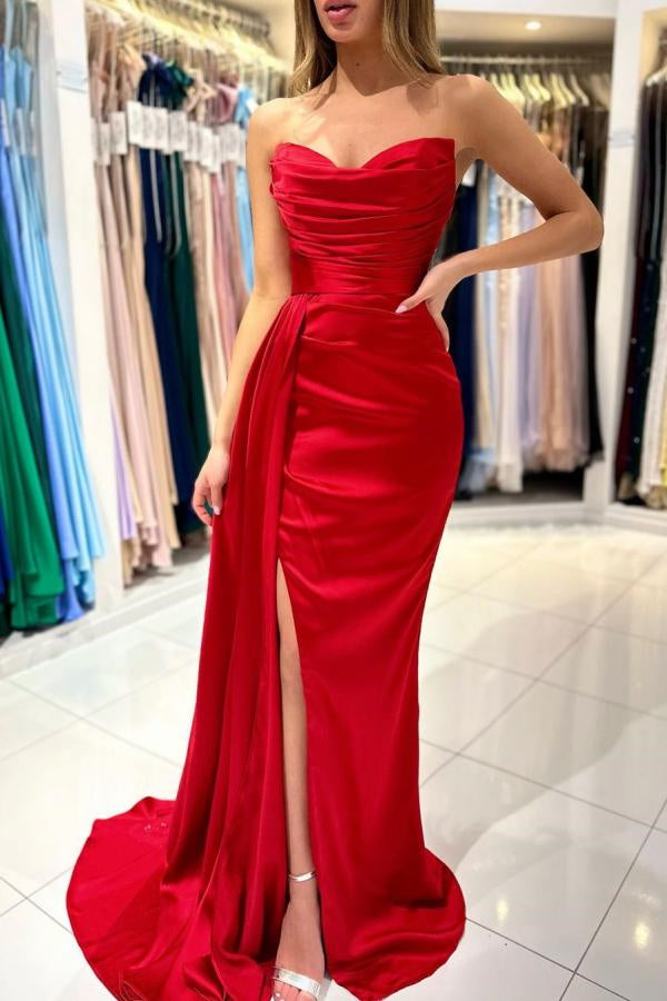 Gorgeous Red Sweetheart Mermaid Prom Dress with Pleats and Split Ruffles-Occasion Dress-BallBride