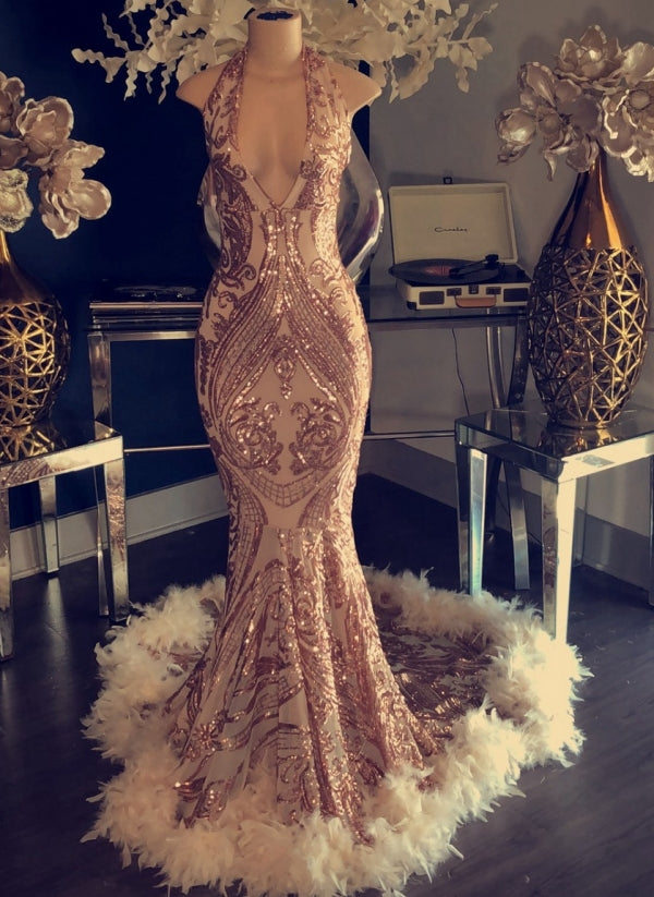 Gorgeous Rose Pink Sleeveless Sequins Prom Dress Mermaid With Feather-Occasion Dress-BallBride