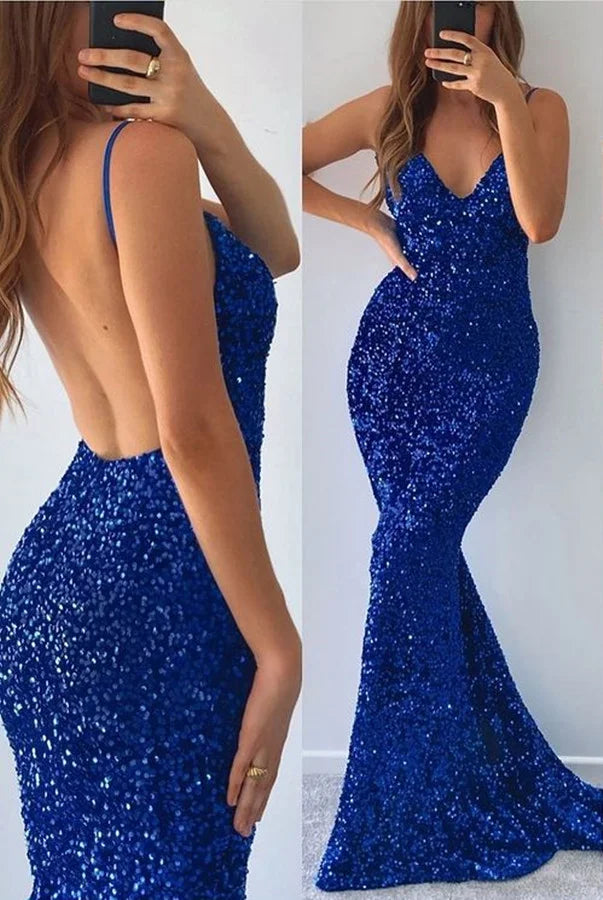 Gorgeous Royal Blue Backless Mermaid Sequins Evening Dress Spaghetti-Straps-BallBride