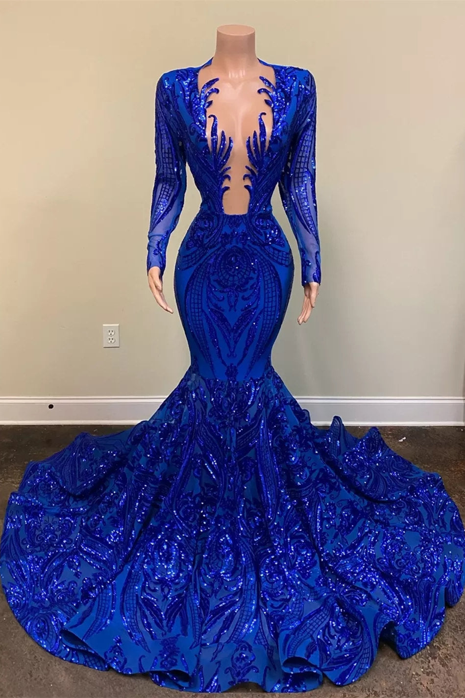 Gorgeous Royal Blue Long Sleeves Prom Dress with Mermaid Sequins-Occasion Dress-BallBride