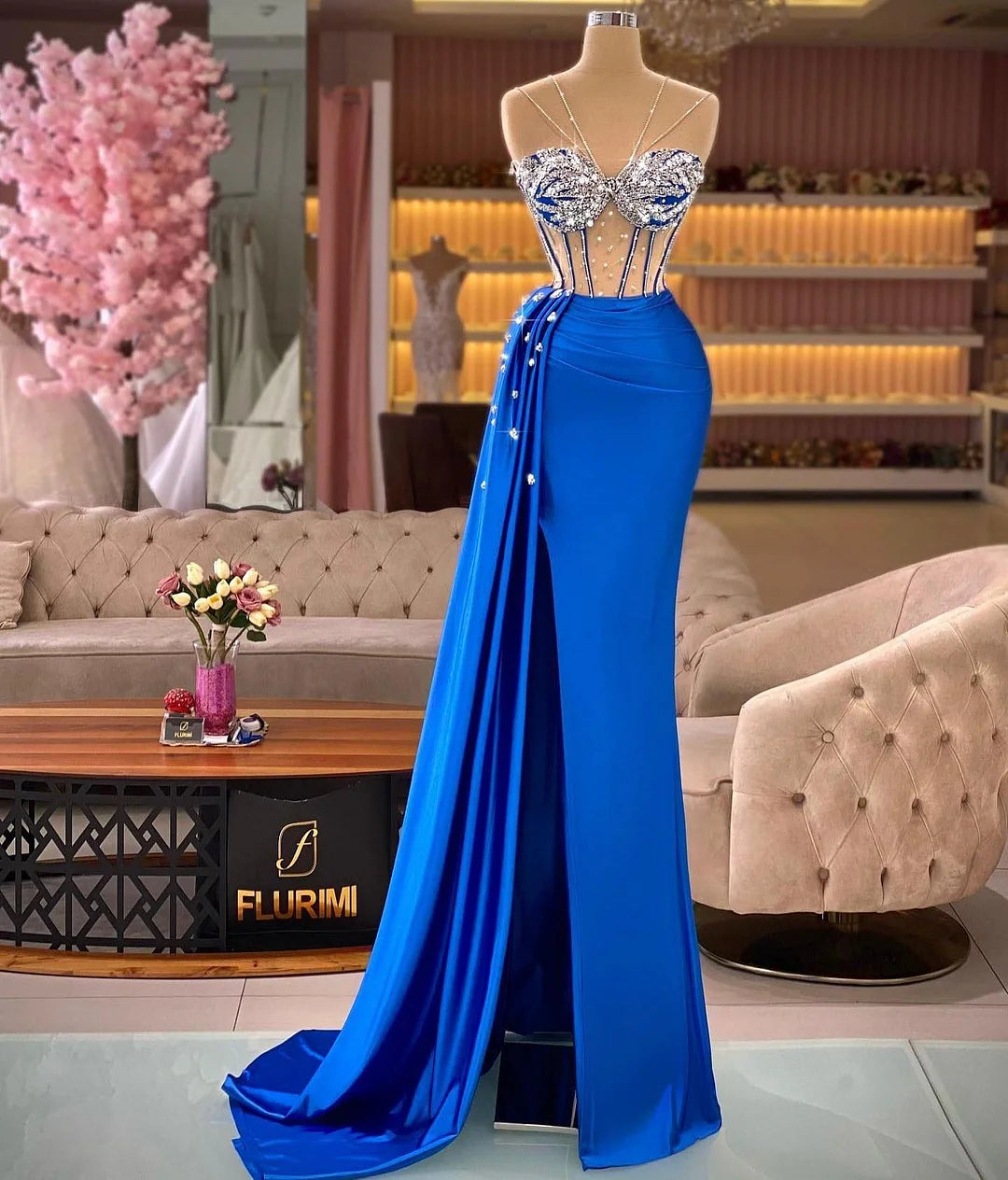 Gorgeous Royal Blue Mermaid Evening Dresses Slit Long With Crystals-BallBride