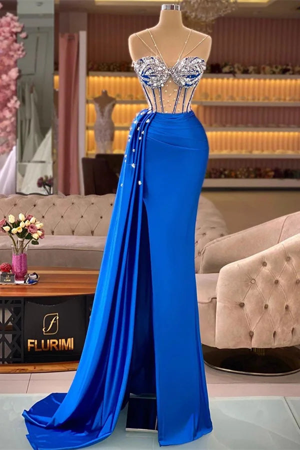 Gorgeous Royal Blue Mermaid Evening Dresses Slit Long With Crystals-BallBride