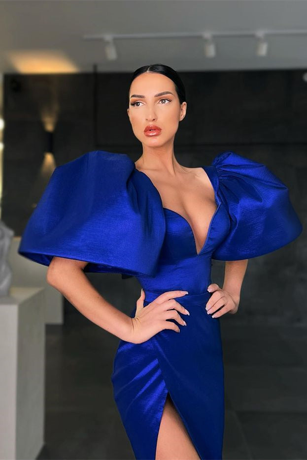 Gorgeous Royal Blue Mermaid Prom Dress with Puffy Sleeves and Slit-Occasion Dress-BallBride