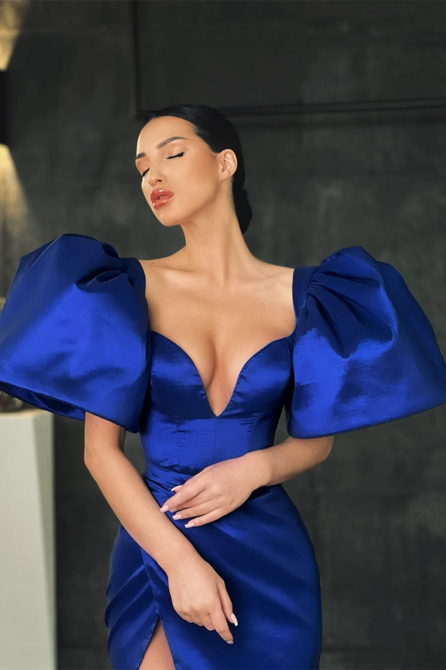 Gorgeous Royal Blue Mermaid Prom Dress with Puffy Sleeves and Slit-Occasion Dress-BallBride