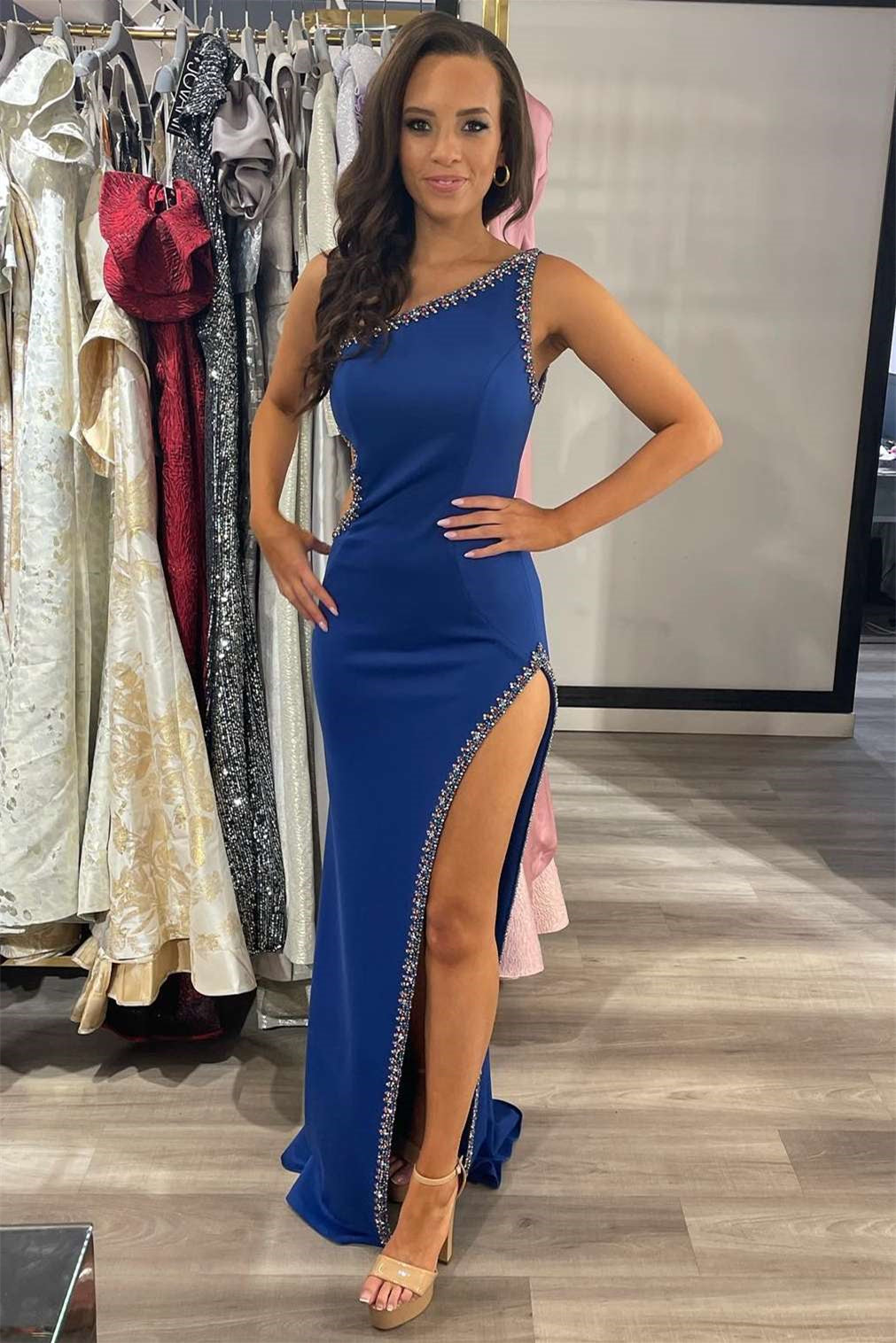 Gorgeous Royal Blue One-Shoulder Mermaid Prom Dress with Beads and High Split-Occasion Dress-BallBride