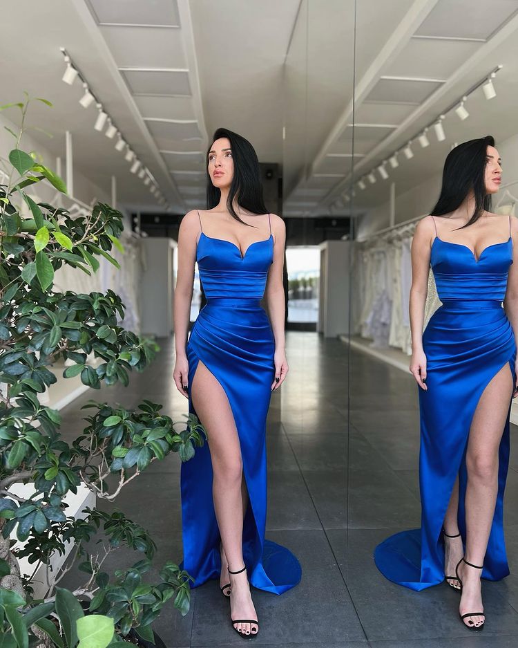 Gorgeous Royal Blue Spaghetti-Straps Evening Dress Mermaid With Slit-Occasion Dress-BallBride