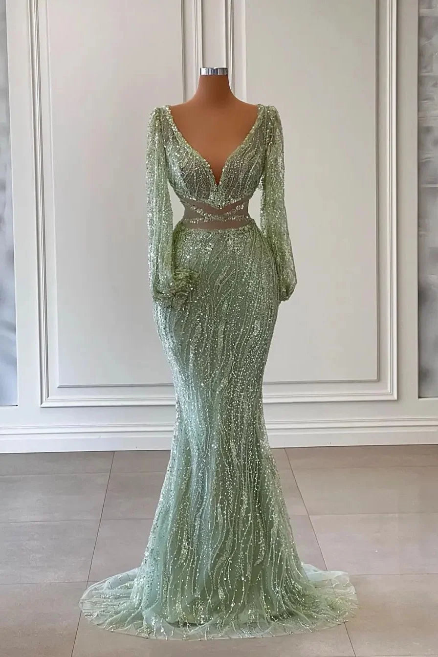 Gorgeous Sage Green Long Sleeves Evening Dresses Mermaid V-Neck With Beads-BallBride