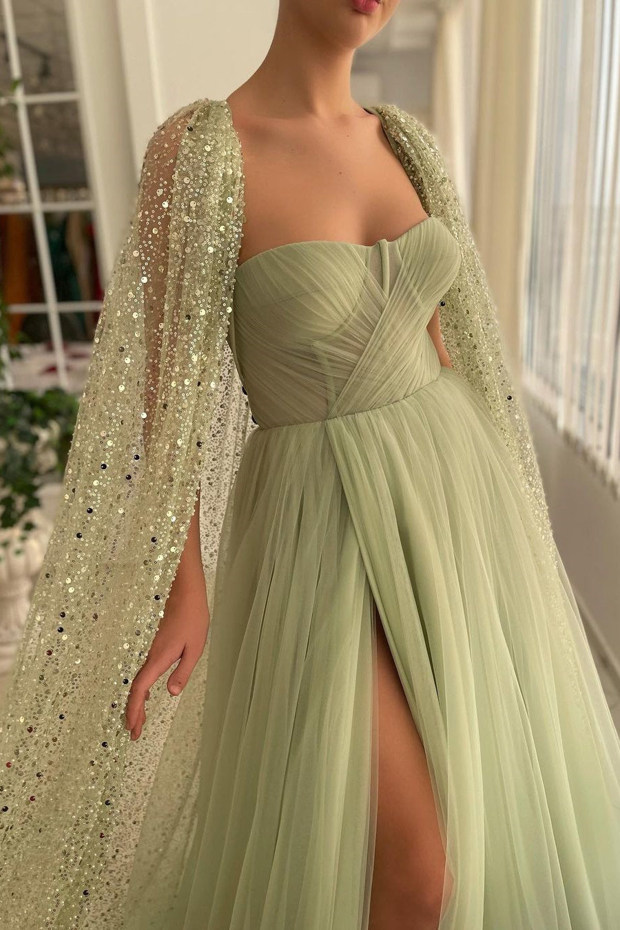 Gorgeous Sage Green Strapless Tulle Prom Dress with Sequins Cape and Long Split-Occasion Dress-BallBride