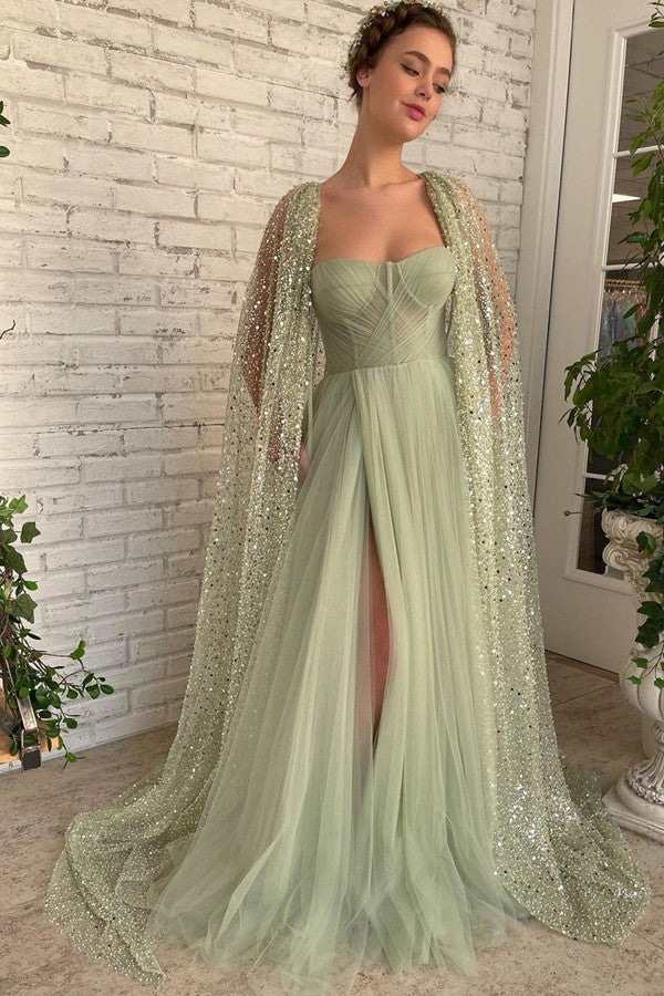 Gorgeous Sage Green Strapless Tulle Prom Dress with Sequins Cape and Long Split-Occasion Dress-BallBride