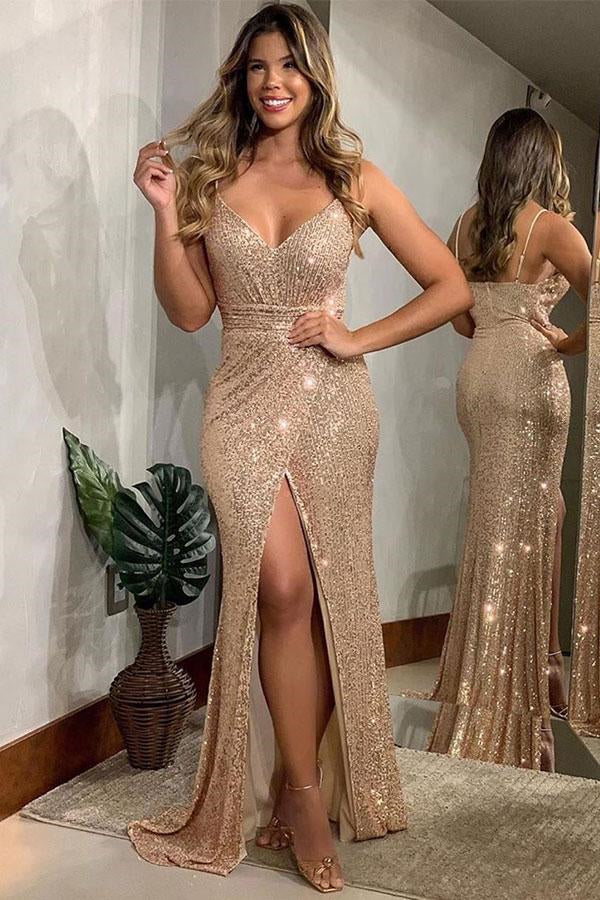 Gorgeous Sequins Long Evening Dress with Slit and Spaghetti-Straps-Occasion Dress-BallBride