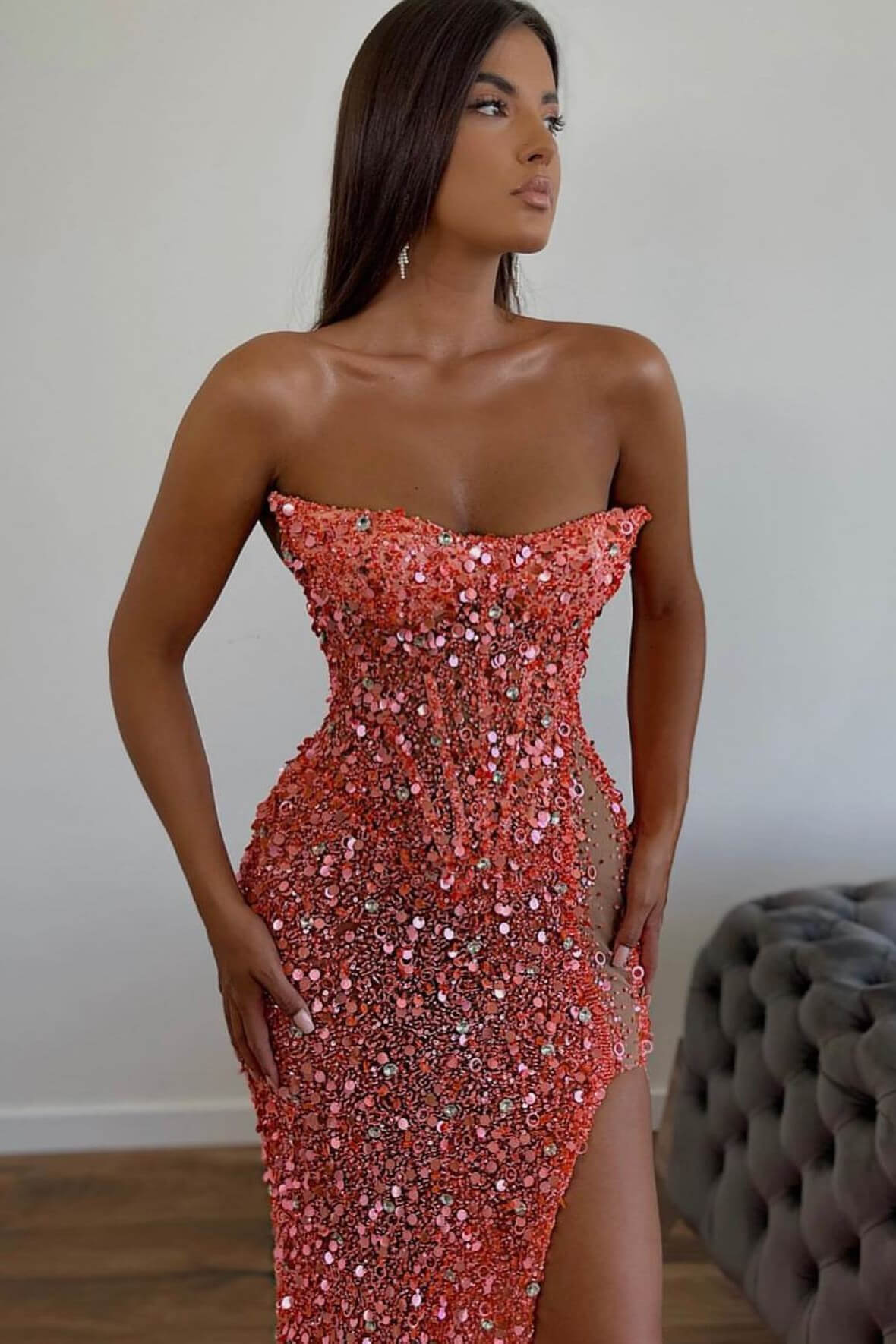 Gorgeous Sequins Mermaid Sweetheart Prom Dress With Sleeveless Orange Split-BallBride