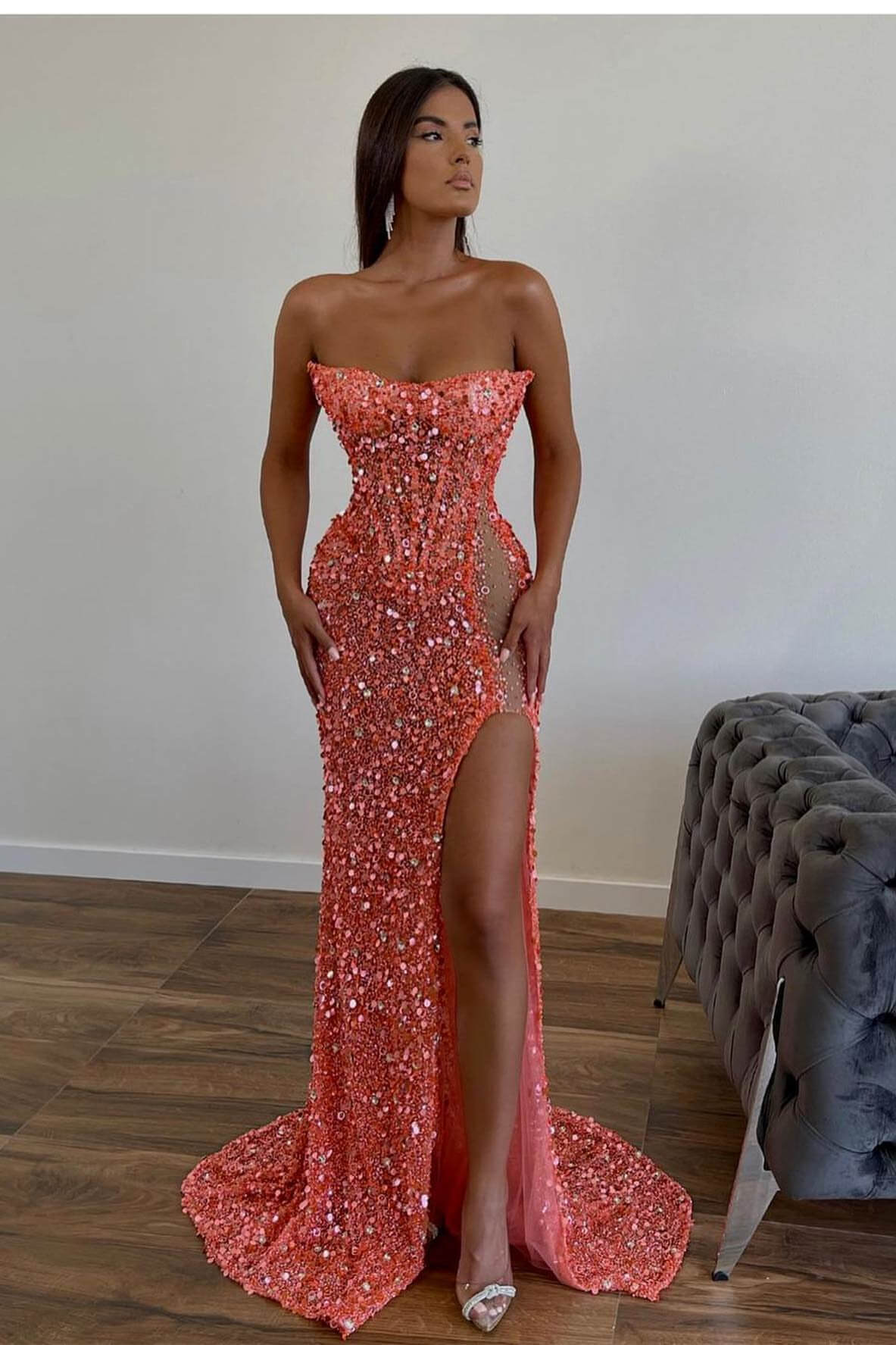 Gorgeous Sequins Mermaid Sweetheart Prom Dress With Sleeveless Orange Split-BallBride