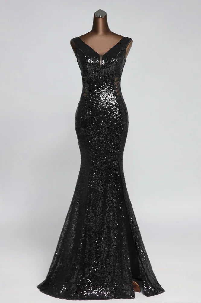 Gorgeous Sequins V-Neck Long Prom Dress Mermaid Evening Party Gowns With Slit-BallBride