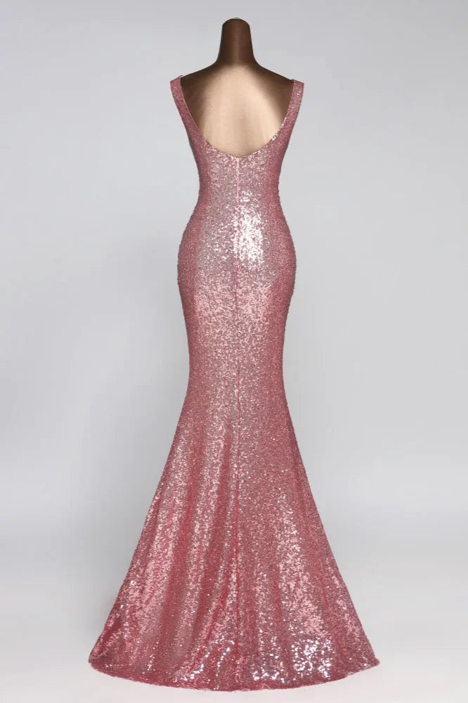 Gorgeous Sequins V-Neck Long Prom Dress Mermaid Evening Party Gowns With Slit-BallBride