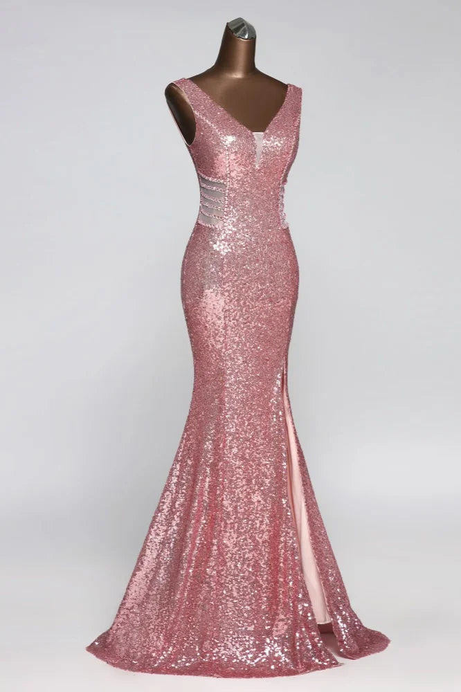 Gorgeous Sequins V-Neck Long Prom Dress Mermaid Evening Party Gowns With Slit-BallBride