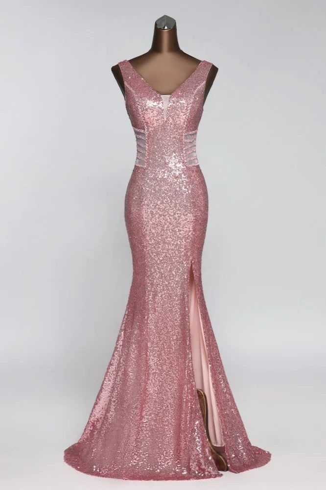 Gorgeous Sequins V-Neck Long Prom Dress Mermaid Evening Party Gowns With Slit-BallBride