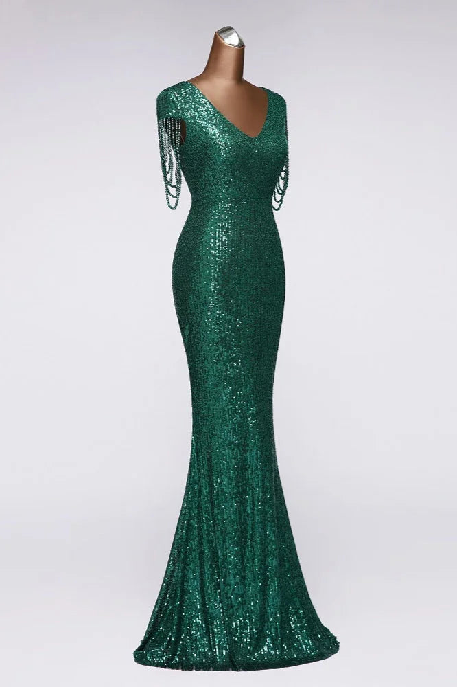 Gorgeous Sequins V-Neck Prom Dress Mermaid Long Evening Gowns Cap Sleeves-BallBride