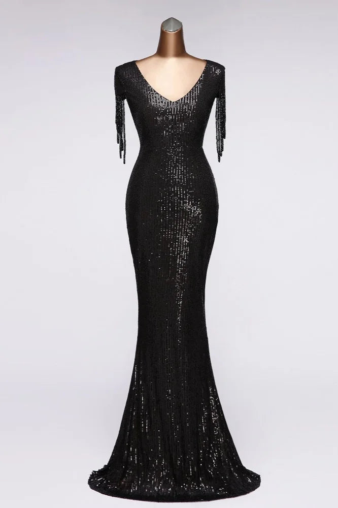 Gorgeous Sequins V-Neck Prom Dress Mermaid Long Evening Gowns Cap Sleeves-BallBride