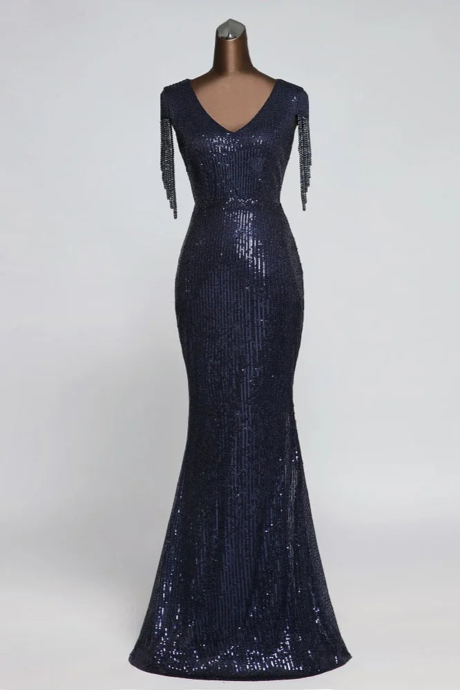 Gorgeous Sequins V-Neck Prom Dress Mermaid Long Evening Gowns Cap Sleeves-BallBride