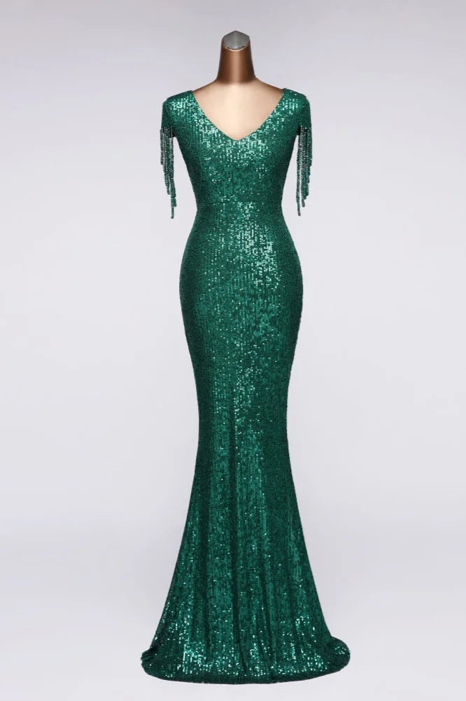 Gorgeous Sequins V-Neck Prom Dress Mermaid Long Evening Gowns Cap Sleeves-BallBride