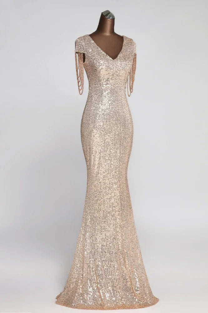 Gorgeous Sequins V-Neck Prom Dress Mermaid Long Evening Gowns Cap Sleeves-BallBride