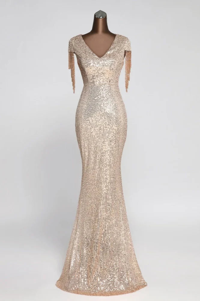 Gorgeous Sequins V-Neck Prom Dress Mermaid Long Evening Gowns Cap Sleeves-BallBride